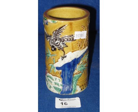 Chinese moulded porcelain cylindrical brush pot in Wang Bing Rong style poly chrome enamel painted on a yellow ground decorat