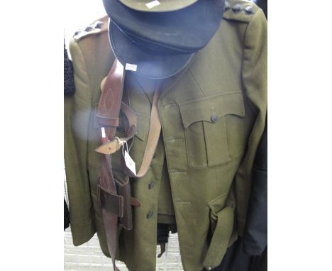 British Army Officers number 2 uniform, Sam Browne, two caps, gas mask in bag and cased pair of binoculars.