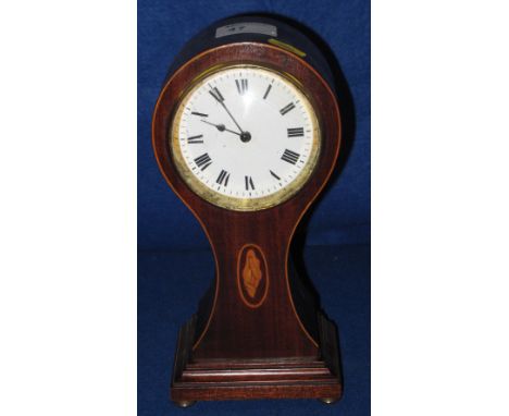 Pretty Edwardian inlaid mahogany balloon shaped mantle clock with enamelled face and French brass drum movement.