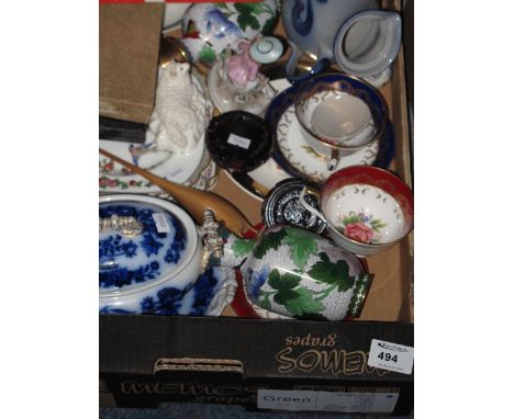 Tray of assorted items to include pair of modern cloisonne foliate vases, Aynsley bone china floral cup and saucer, other cab