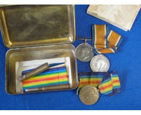 First World War brass Queen Mary cigarette and tobacco box containing a 1914/18 War medal and Victory medal awarded to Privat