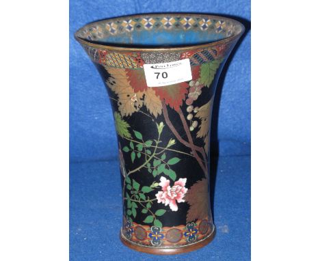 Chinese black ground closonne flared cylinder vase decorated with birds and butterflies amongst foliage. CONDITION REPORT: En
