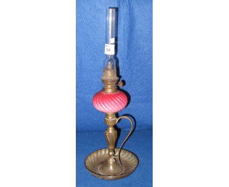 French style chamber oil lamp with fluted glass reservoir and pewter dish base with loop handle.  Glass chimney.
