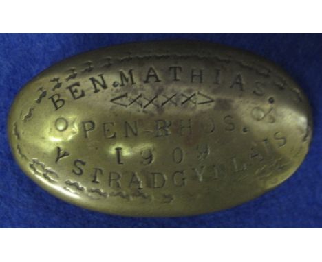 Early 20th Century Welsh brass miners tobacco box, engraved Ben Mathias, Pen-rhos, 1909 Ystradgynlais.