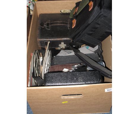 Box of assorted photographic and other equipment to include Bolex Super Cine camera, leather camera box, reels etc.