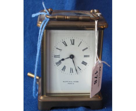 French brass carriage clock with full depth enamel dial.  Marked Mappin & Webb Paris.  With Key.