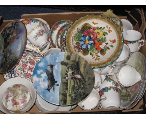 Tray of assorted china to include Royal Doulton Limited Edition Spitfire coming home collectors plate, other floral plate, Tu