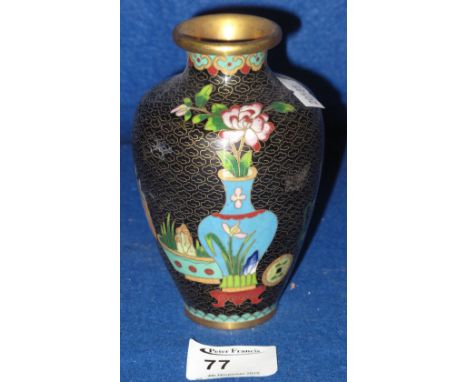 Small Chinese Cloisonne enamel baluster shaped vase decorated with flowers, vases and stylised motifs.