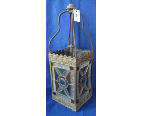 Late Victorian gilt metal hall lantern with coloured leaded glass panels.