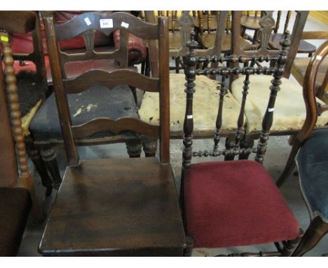 Early 20th Century stained bar back kitchen chair together with an upholstered stain bobbin turned bedroom chair.  (2)
