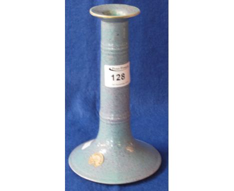 Chinese porcelain tapering cylinder candle stick with triple molded bands, overall in "Robins Egg" glaze.  19.5cm high bearin