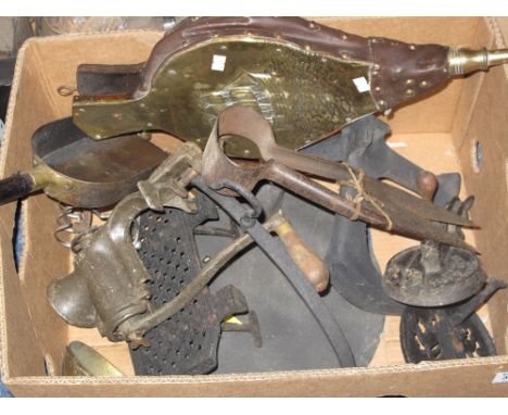 Box of assorted metal ware to include brass bellows, fire shovel, copper bugal, bean slicer, brass ladle etc.