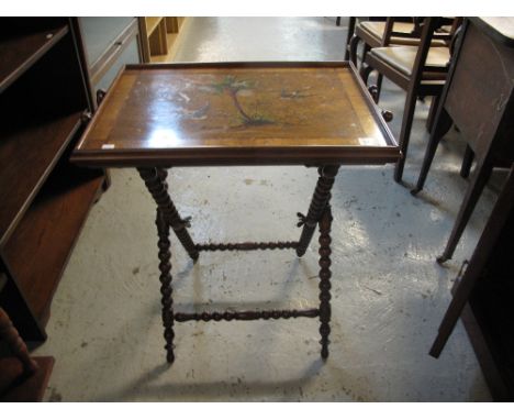 20th Century butlers tray on bobbin turned legs, the tray decorated with swallows amongst foliage.