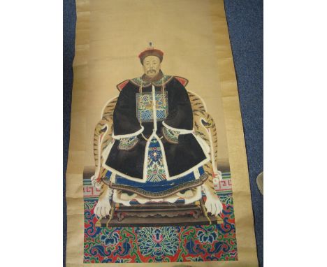 A group of Japanese printed topographical paper scrolls together with one Chinese painted portrait wall hanging scroll. (5)