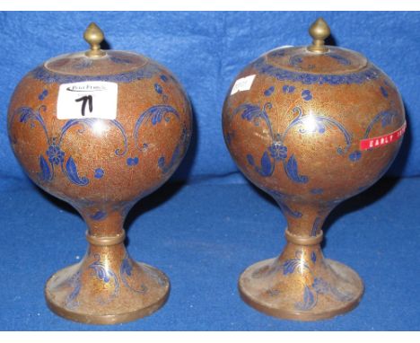 Pair of Chinese Cloisonne enamel globular pedestal vases with covers, overall decorated with scroll work and foliate designs.
