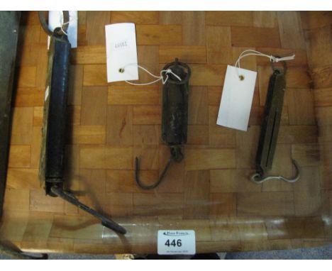 Three vintage Salter's spring ballance scales together with Hughes pocket balance.  (4)