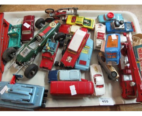 Tray of assorted play worn die cast model cars and vehicles to include Mercedes 10 taxi by Metosul in original box, Dinky Spe