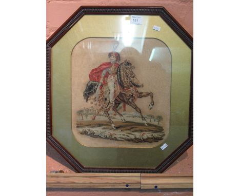 19th Century Berlin wool work tapestry panel of a mounted soldier, in bead molded hardwood frame.
