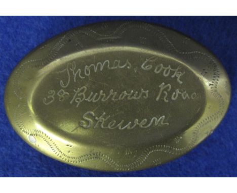 Welsh brass miners snuff box engraved Thomas Cook 38 Burrows Road, Skewen.