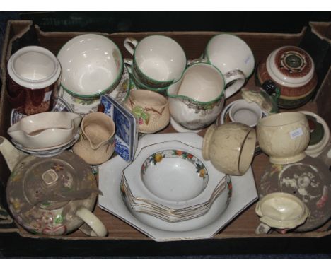 Tray of assorted china to include relief floral tea pot, fruit design bowls, Copeland Spode's Byron tea ware to include cups,