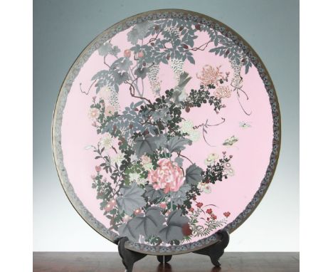 A massive Japanese cloisonne enamel dish, Meiji period, finely decorated in silver gilt and silver wires, with a bird and but