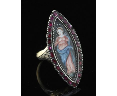 A 19th century gold and silver gem set navette shaped ring with painted panel of a lady, with engraved shoulders, size O.