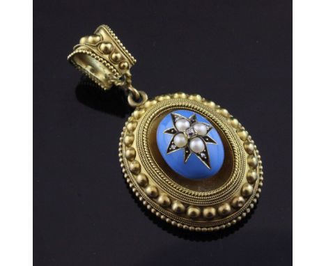 A Victorian gold, enamel, split pearl and rose cut diamond set oval pendant locket, the setting with beaded and cannetile wor