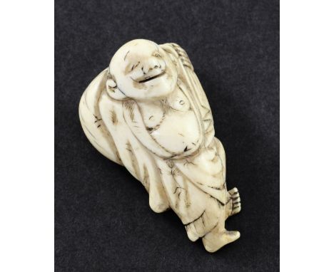 A Japanese ivory netsuke of Hotei, 18th / 19th century, the standing smiling figure holding his sack of wind on his back, 5.5