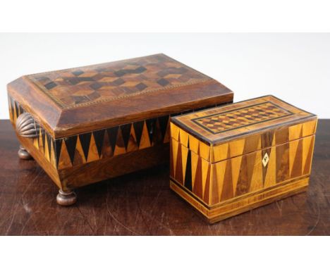 An early 19th century Tunbridge ware 'Vandyke' marquetry sewing box and similar tea caddy, 13in.