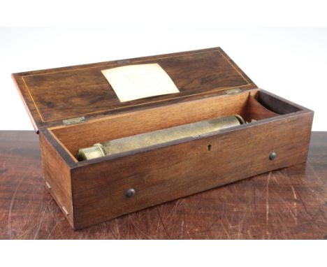 A 19th century Swiss marquetry inlaid and rosewood cased music box, by Henriot, the barrel movement playing six airs, overall