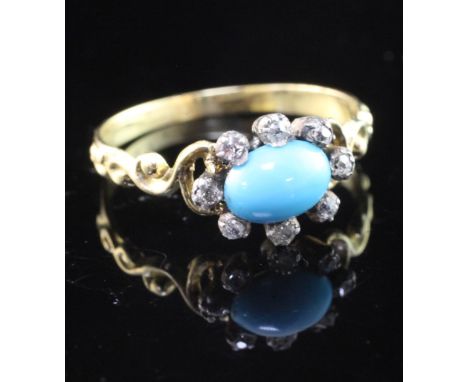 A late Victorian gold, turquoise and old cut diamond set cluster ring, of oval form, with scrolling shoulders, size L.