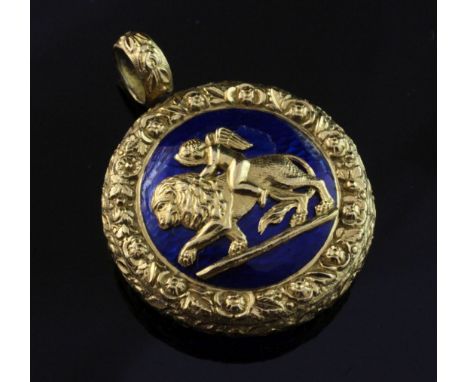An early 19th century style high carat gold and blue guilloche enamel circular locket, with foliate decoration and each side 