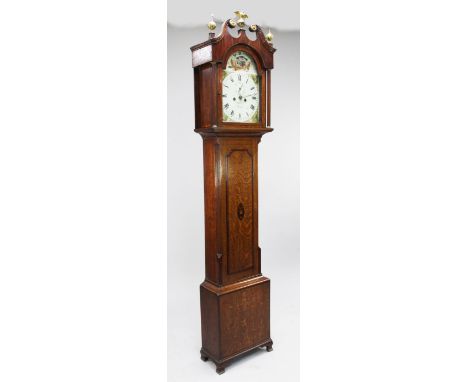 C. Howard of Boston. An early 19th century inlaid oak and mahogany eight day longcase clock, the 12 inch arched dial painted 