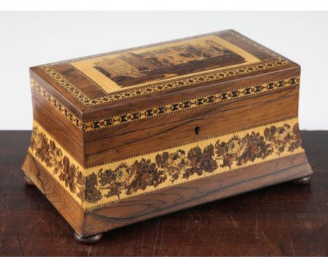 A Tunbridge Ware rosewood 'Penshurst Place' mosaic tea caddy, attributed to Henry Hollamby, 9.5in.