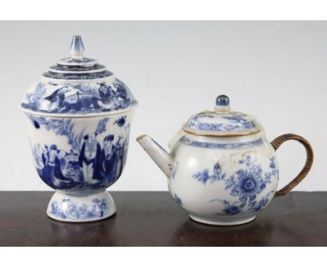 A Chinese blue and white cup and cover, and a globular teapot and cover, 18th / 19th century, the cup and cover painted with 