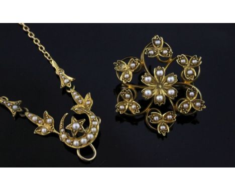 An Edwardian gold and seed pearl set pendant/brooch necklace, with foliate, crescent moon and star motifs, together with a si