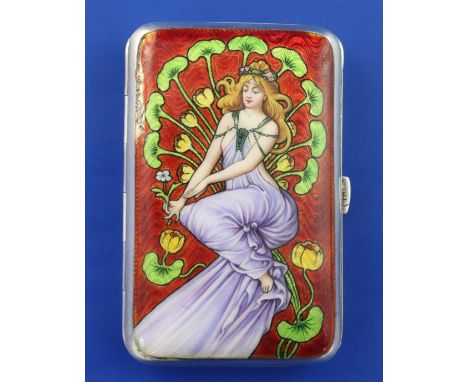 A later Victorian silver and polychrome enamel cigarette case by Heinrich Levinger, of rounded rectangular form, with later e