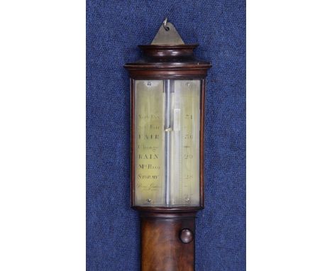 A Regency mahogany bowfront stick barometer, with silvered scale and thermometer, signed Berge, London, late Ramsden, and lat