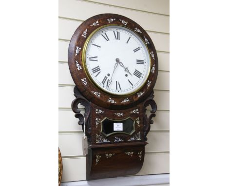 A Victorian mother of pearl inlaid rosewood drop dial wall clock, with Roman dial and glazed trunk, 27in.