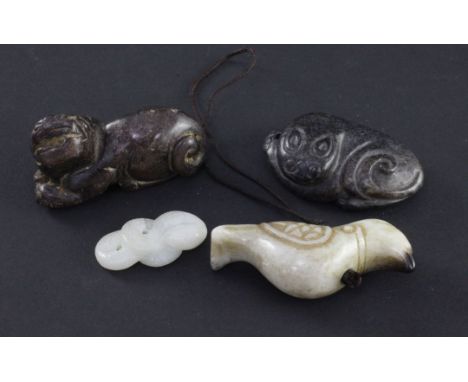 Four Chinese jade carvings, 19th/20th century or earlier, comprising a grey and black jade bird, Song dynasty or later, 5.8cm