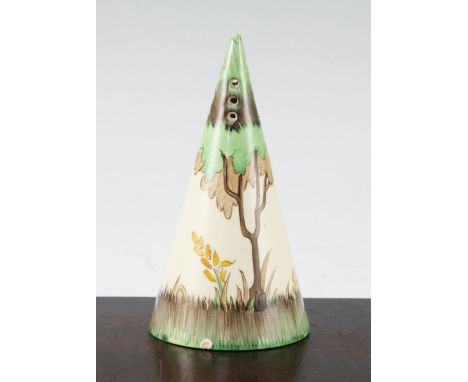 A Clarice Cliff conical sugar sifter, decorated with green and brown trees and flower sprigs, facsimile signature mark and Wi