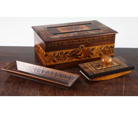 A Tunbridge ware rosewood banded mosaic letter box, blotter and a pen tray, 10in.