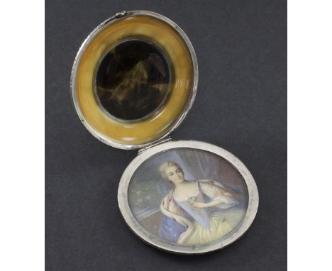 Early 20th century French Schooloil on ivorine,Miniature of an 18th century lady,2..75in. in a silver and simulated tortoises