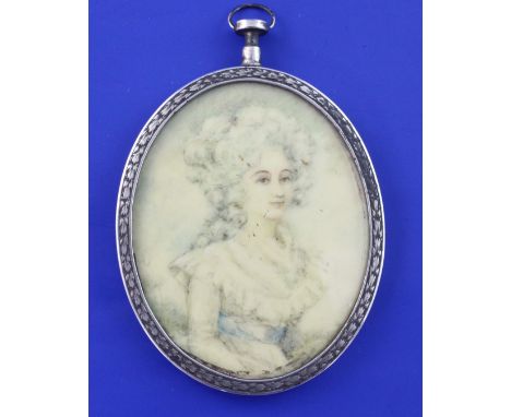 An early 20th century continental? silver and blue guilloche enamel oval miniature frame, unmarked, with pendant bale, 3.25in