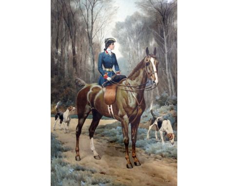 Charles-Fernand "de" Condamy (1855-1913)watercolour,Lady equestrian with hunting dogs,signed,27 x 19.5in.