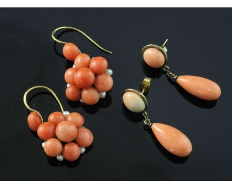 A pair of gold, coral and seed pearl cluster earrings and a pair of 9ct gold and coral drop earrings, cluster 1in.