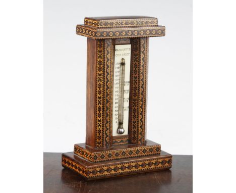 A Tunbridge ware tesserae tower thermometer 'Warranted Correct', 6.5in.