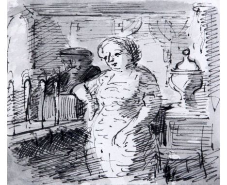 Edward Ardizzone RA (1900-1979)pen and ink,The Barmaid, 1949,initialled, Abbott & Holder labels verso,4.75 x 5.5in.