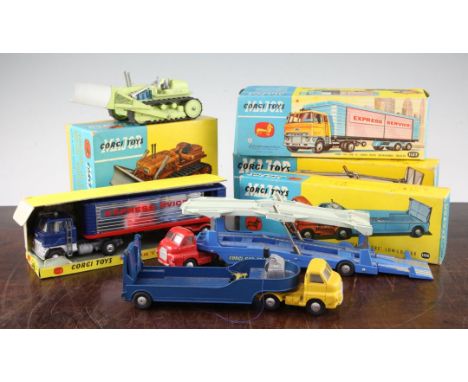 A Corgi Major 1102 Euclid tractor, a Corgi Major 1137 Ford tilt cab with detachable trailer, a Corgi Major 1101 Carrimore Car
