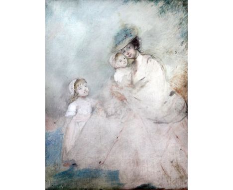 Late 18th century English Schoolpastel on paper,Sketch of a mother and her two children,12.5 x 10in.